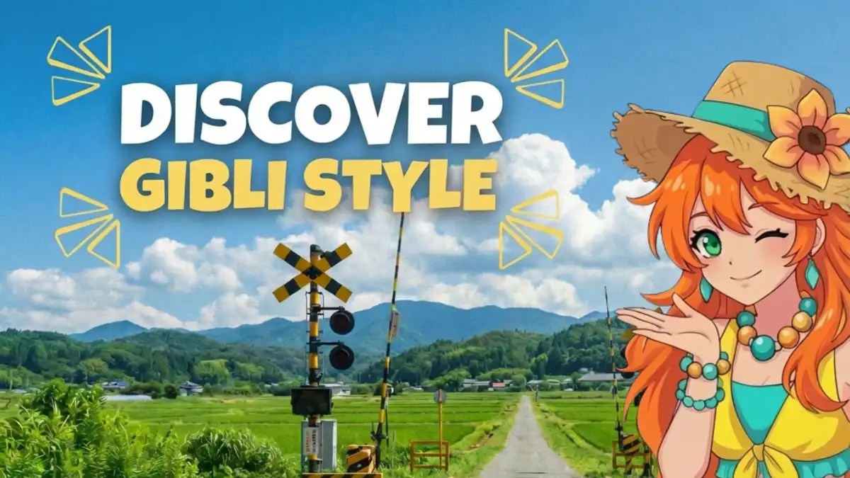 Anime style YouTube thumbnail featuring a Ghibli-inspired character and scenery with Discover Ghibli Style title