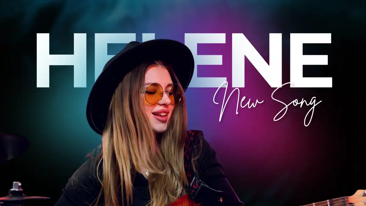 Music video YouTube thumbnail featuring a female singer playing guitar with Helene New Song text