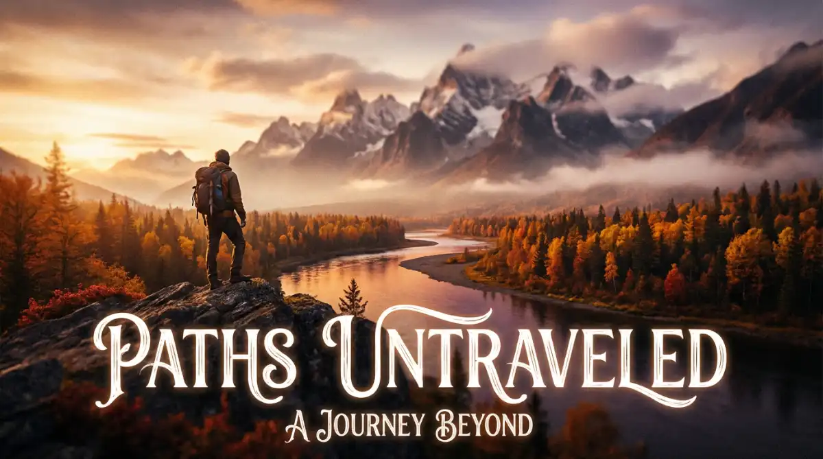 Epic adventure YouTube thumbnail showing a traveler overlooking a mountain landscape with Paths Untraveled title
