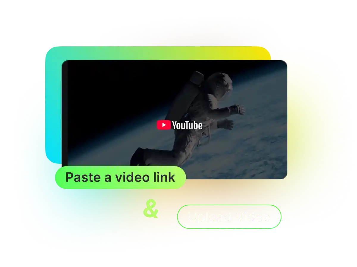 Video input interface allowing users to paste a YouTube link or upload a local video file for AI processing, illustrated with a space-themed background.