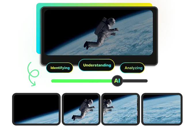 AI video analysis interface showing an astronaut in space, featuring a progress slider and scene breakdown thumbnails for identifying, understanding, and analyzing video content.