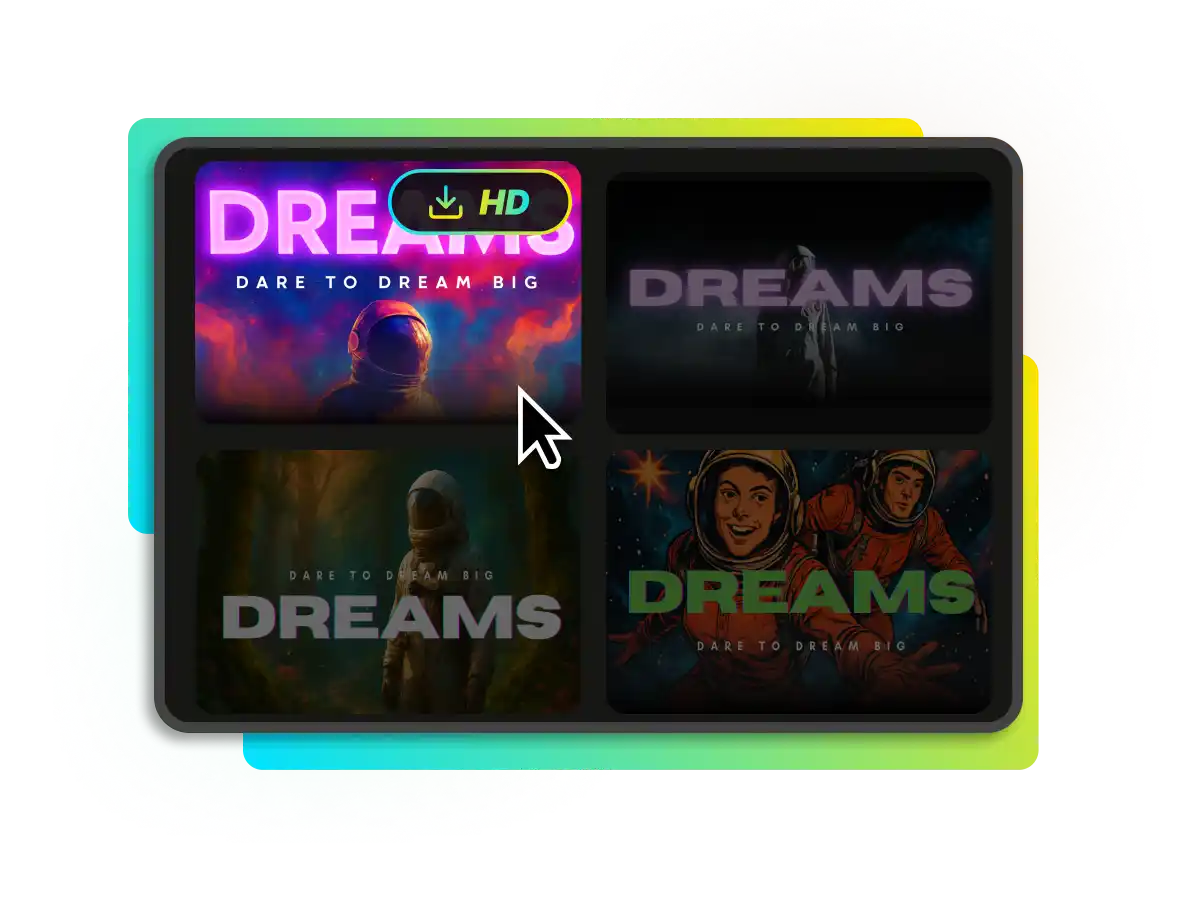 AI video thumbnail generator displaying four artistic style variations for the title 'Dreams,' with a cursor selecting the HD download option.
