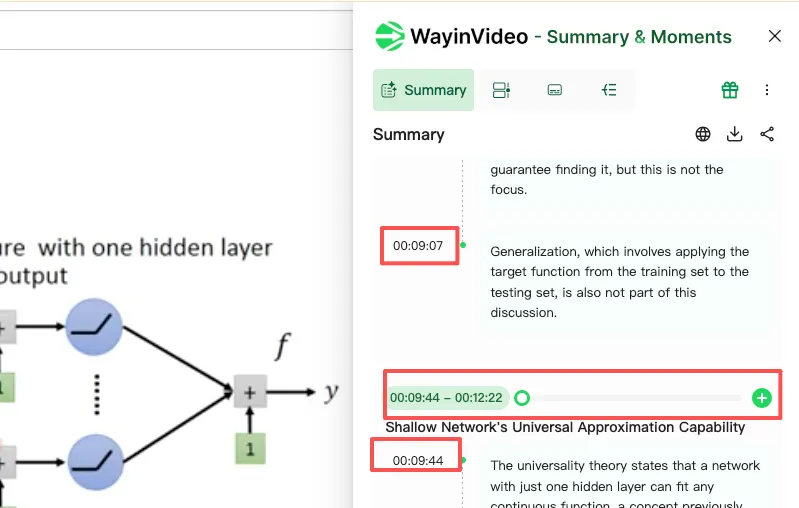 A side-by-side view of a technical diagram and an AI-generated video summary. The summary panel highlights key timestamps and a specific playback duration for a lesson on neural networks.