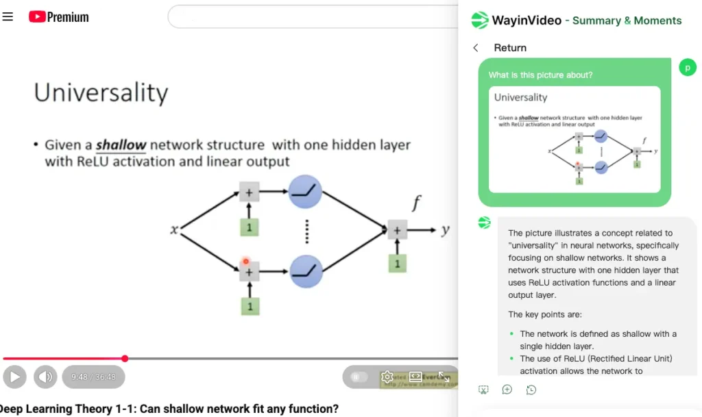 Interface showing an AI assistant answering a specific question about a video frame. The screen displays a complex neural network diagram and a corresponding AI-generated explanation.