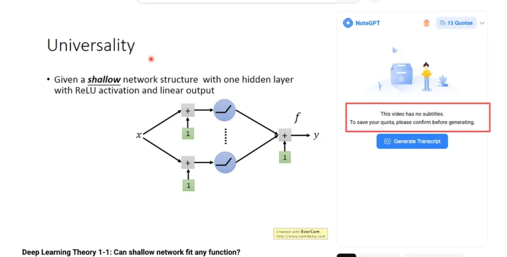 User interface showing a transcript generation prompt on a video with no subtitles. A warning message and a confirmation button are displayed in a side panel.