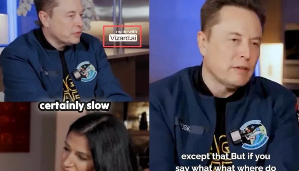 A split-screen view of a video featuring Elon Musk. On the left, a vertically oriented clip includes a watermark that says 'made with Vizard.ai' and large captions that read 'certainly slow.' On the right, a close-up of Elon Musk is shown with automated captions at the bottom, demonstrating an AI video repurposing or captioning platform's interface.