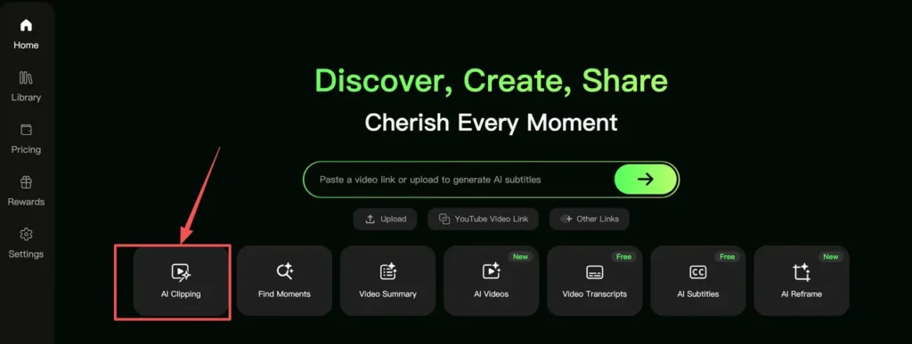 The WayinVideo interface featuring a dark background and green text. Tools listed include AI Clipping, Find Moments, Video Summary, AI Videos, and AI Subtitles. A red arrow specifically points to the AI Clipping tile.