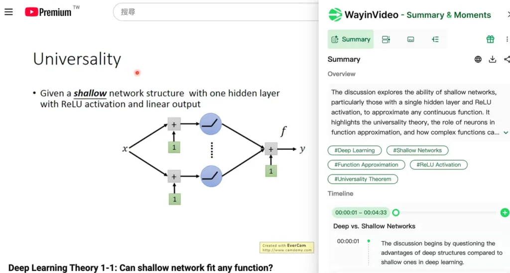 A technical slide about the Universal Approximation Theorem. The main content shows a neural network diagram where an input $x$ passes through a hidden layer with ReLU activation functions (represented by blue circular nodes) and sums into an output $y$. A sidebar from "WayinVideo" provides a summary of the discussion on how shallow networks can approximate any continuous function.