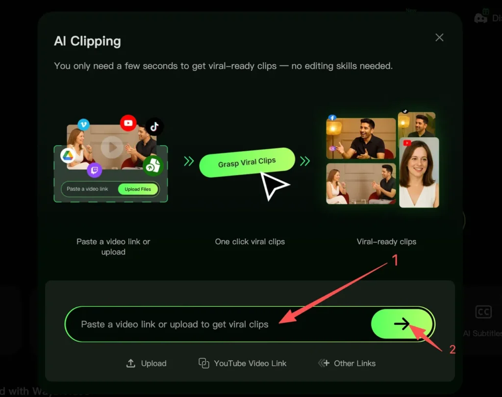 A pop-up window for the 'AI Clipping' feature on WayinVideo. The top section illustrates the process of turning a long video into viral-ready clips. At the bottom, a red arrow labeled '1' points to the URL input field, and an arrow labeled '2' points to the green arrow button to start the process.