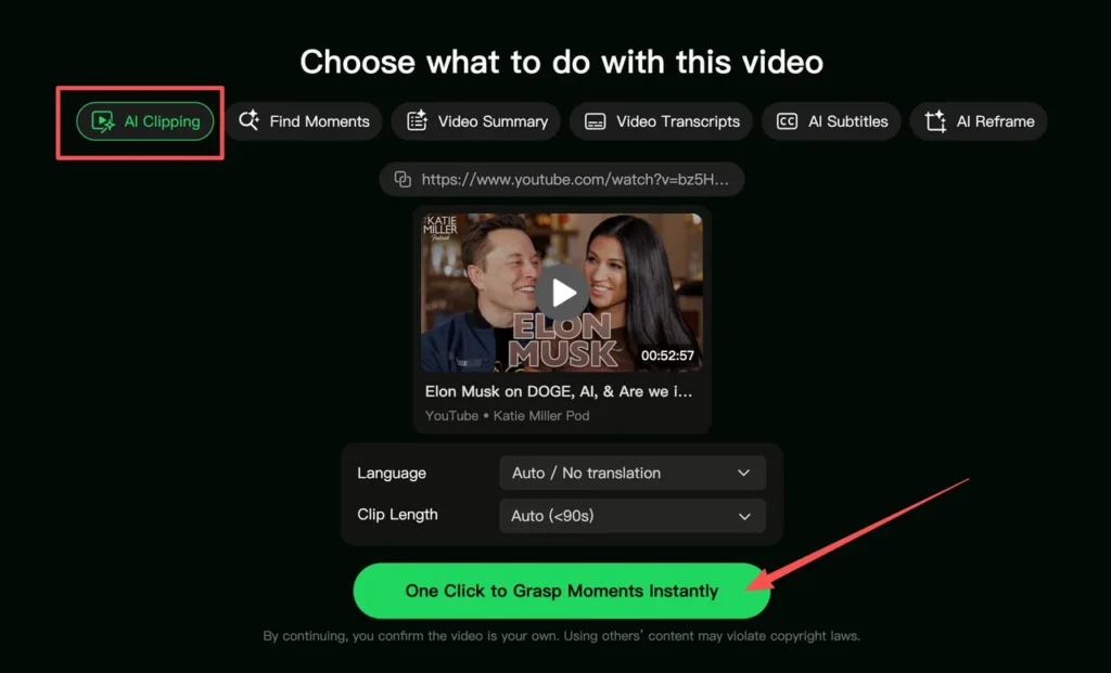 User interface showing video settings for AI Clipping. A YouTube video featuring Elon Musk is loaded, with the final "Grasp Moments" action button highlighted by a red arrow.